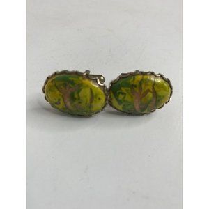 Vintage Gold tone Cuff Links Oval Abstract Art Paint Stone